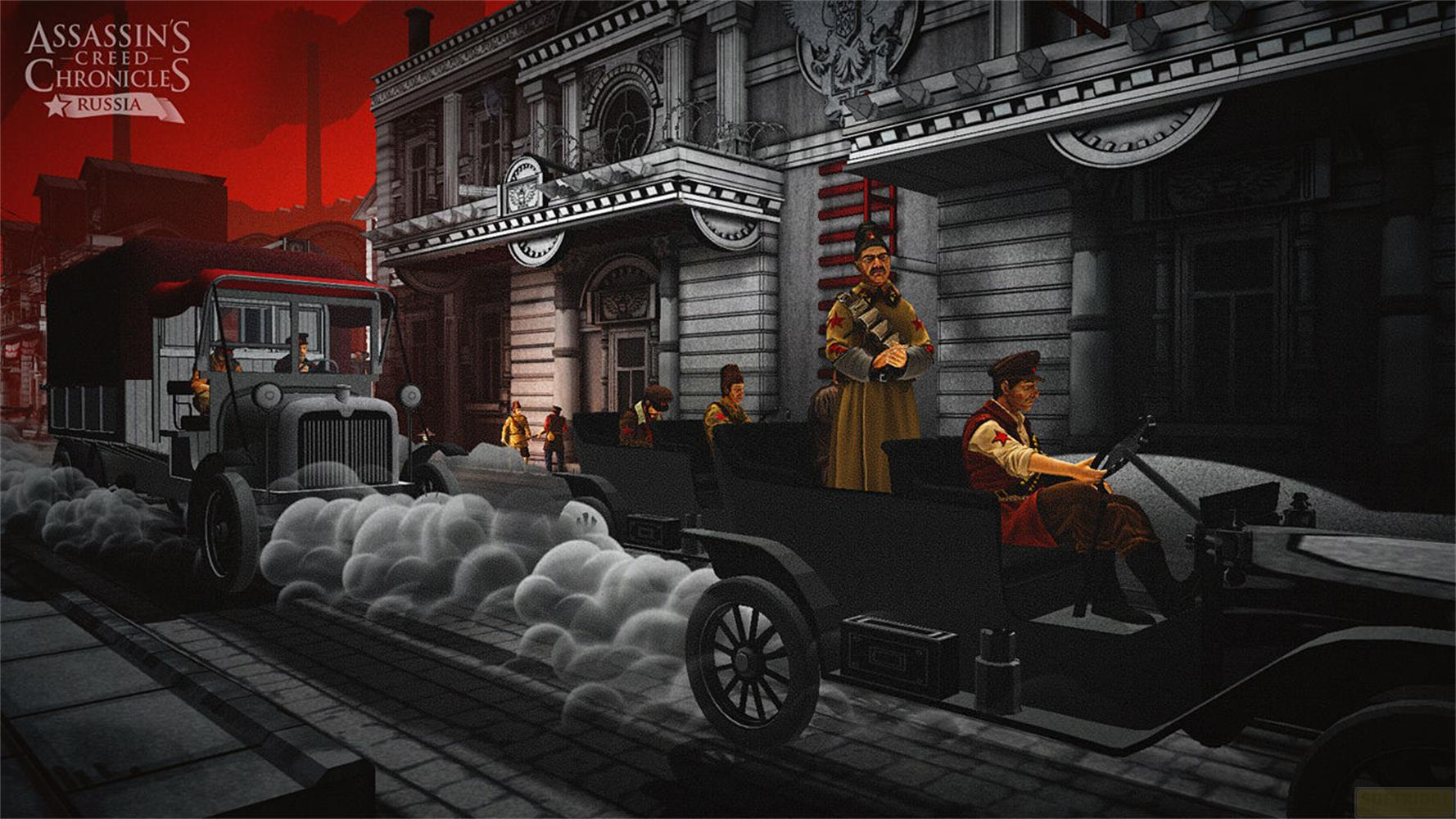 Eine Szene aus Assassin's Creed Chronicles: Russland mit Fahrzeugen und Soldaten.