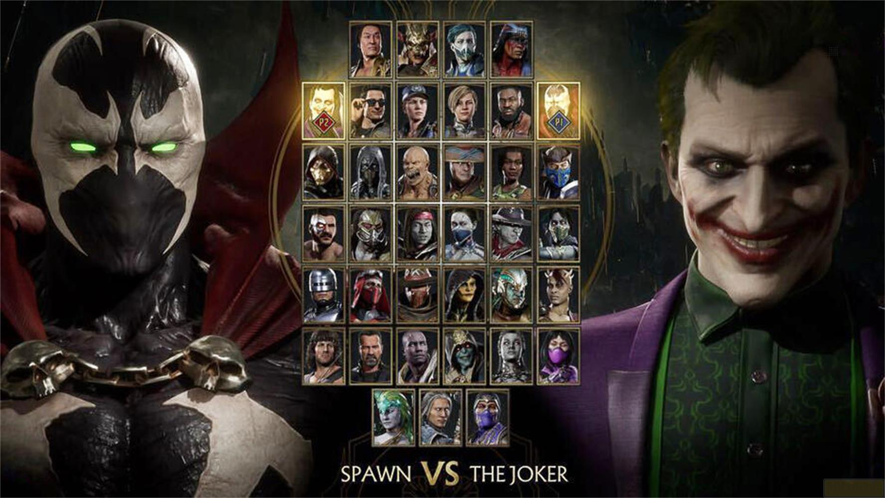 Spawn e Joker si affrontano, con schermata di selezione del personaggio sullo sfondo.