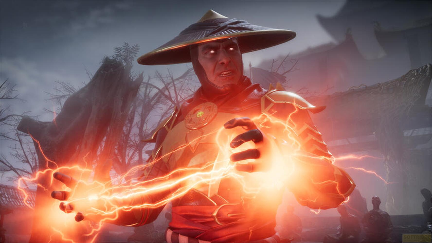Raiden con occhi luminosi e scariche di energia dalle mani.