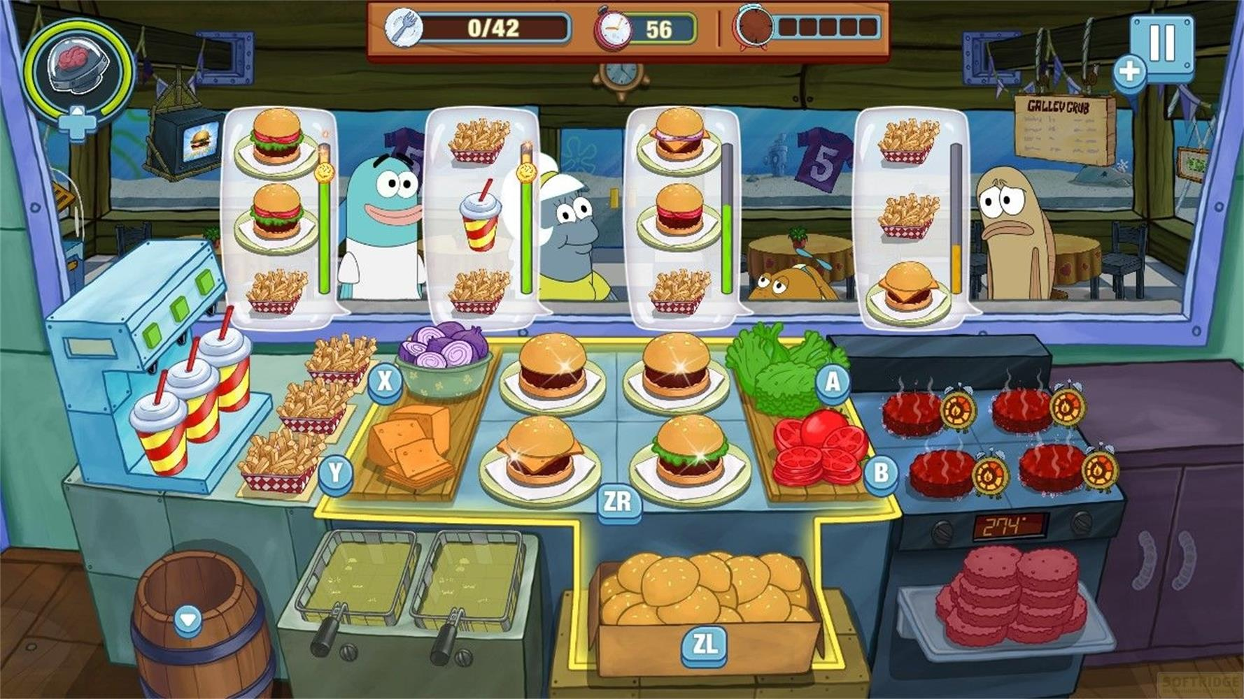 Spongebob-Spiel: Burger-Kochspiel mit Zutaten, Kunden und Kochstationen.
