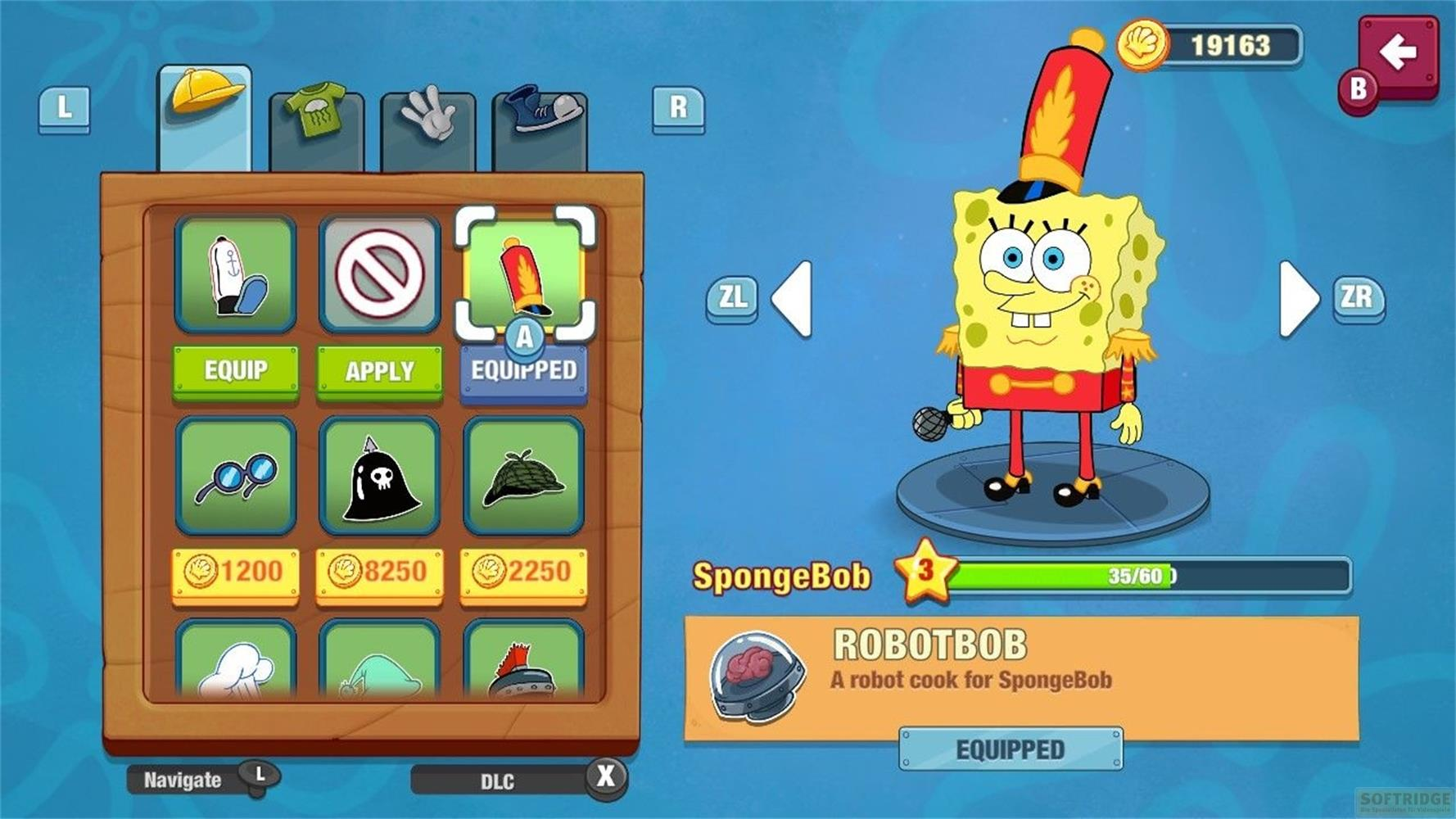 SpongeBob im Marschmusik-Outfit mit Menüauswahl daneben.