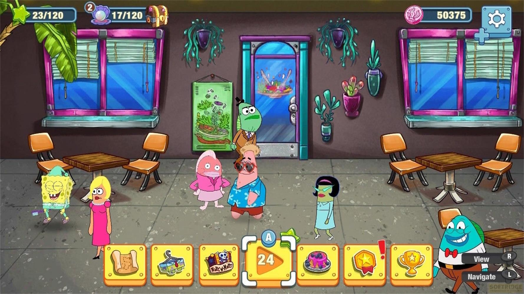 Spongebob und Freunde stehen vor einem Restaurant mit Tischen und Stühlen.