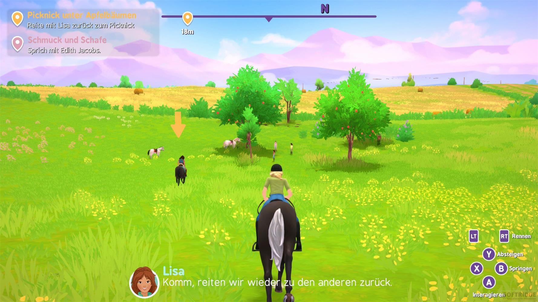 Eine Person reitet auf einem Pferd durch eine grüne Wiese mit gelben Blumen.
