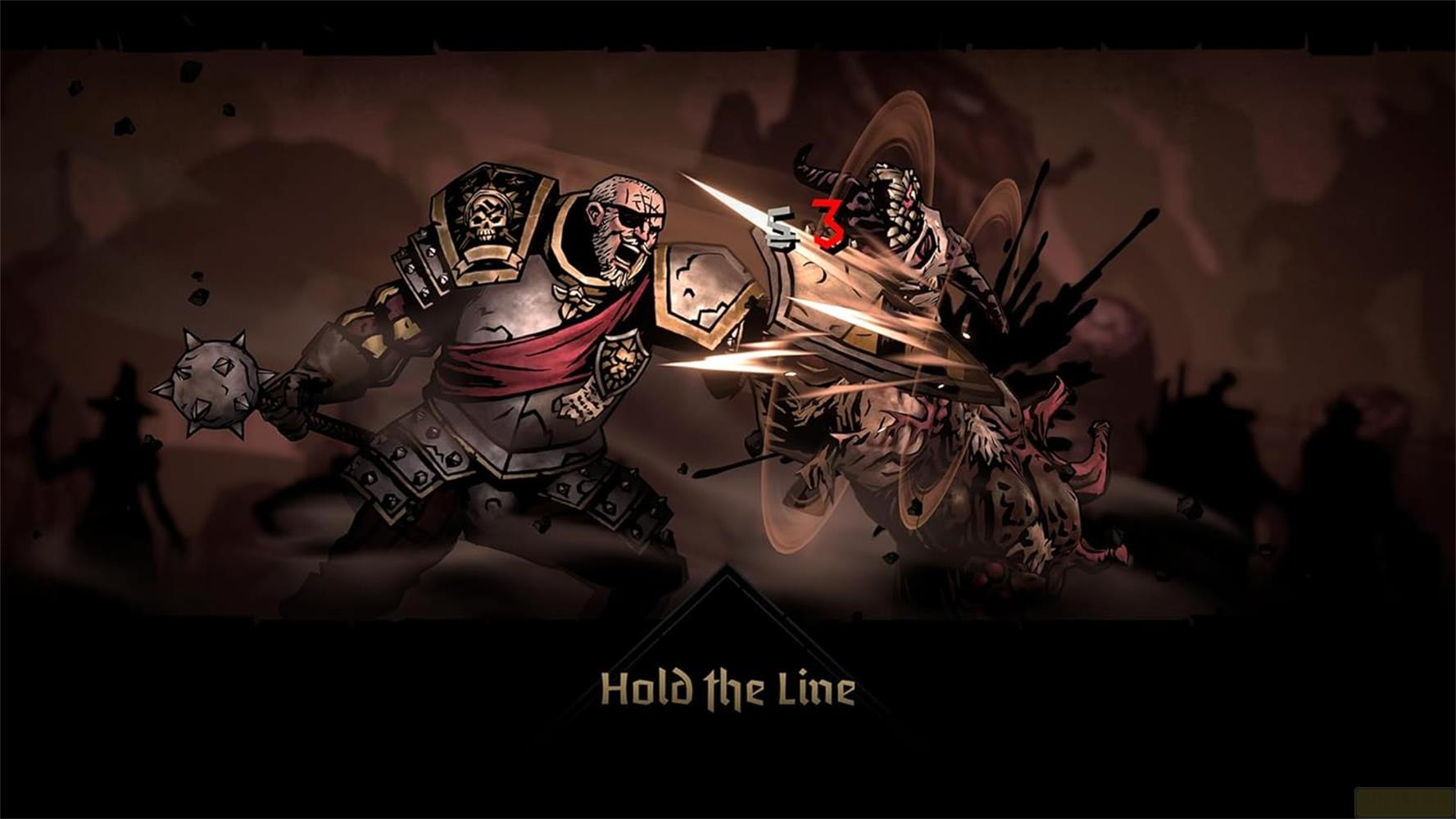 Ein Ritter mit einer Keule kämpft gegen einen Dämon. Text: Hold the Line.