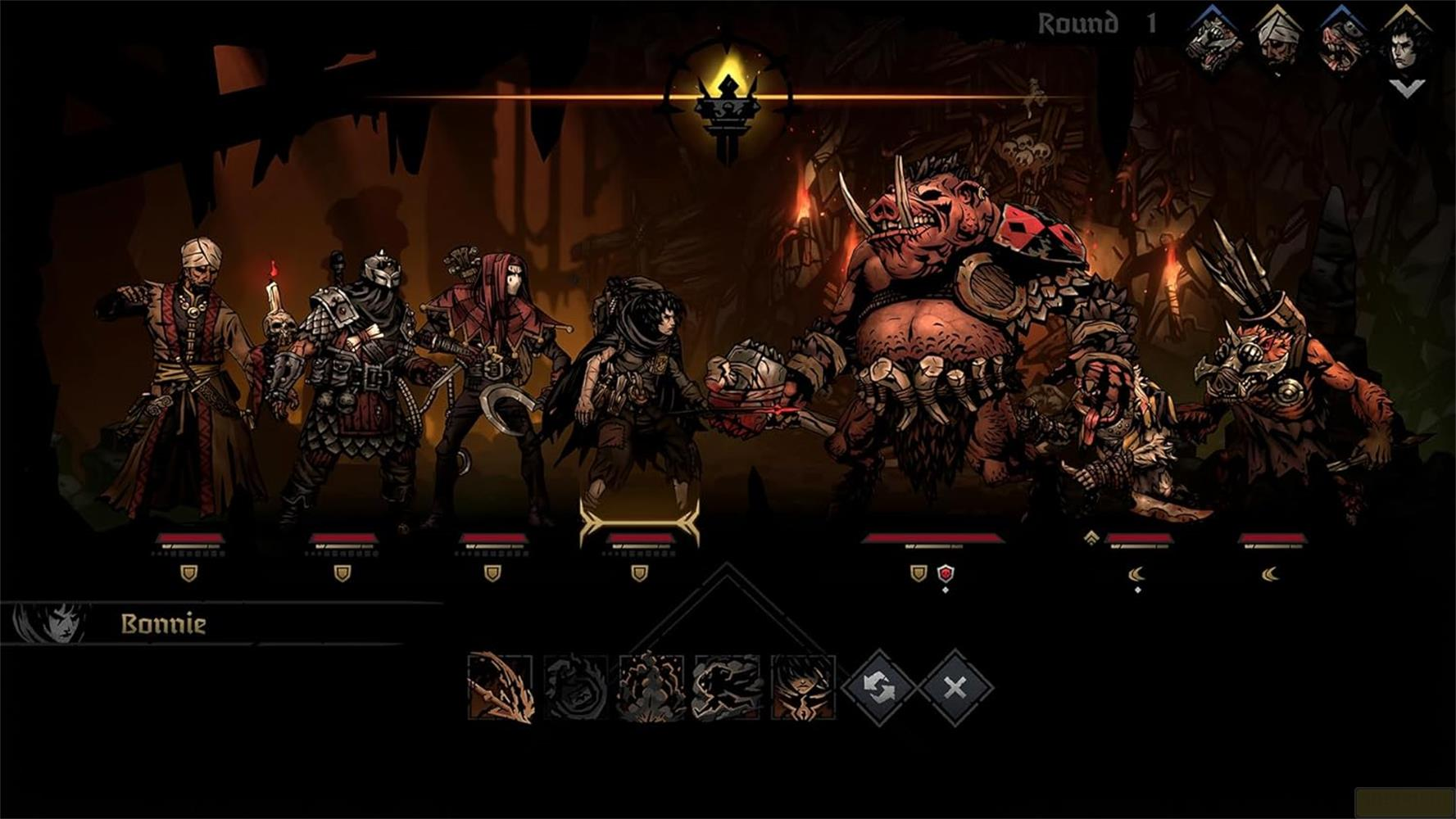 Runde 1: Charaktere im Kampf gegen Monster in einer dunklen Höhle.