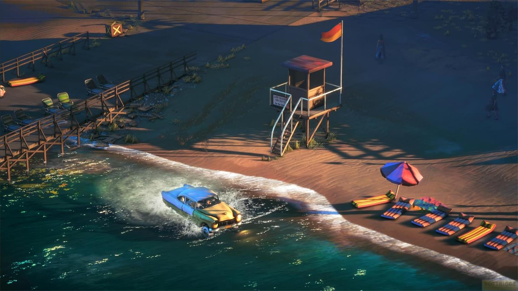 Ein blau-gelbes Auto fährt ins Meer. Ein Rettungsschwimmerturm und Liegestühle am Strand.
