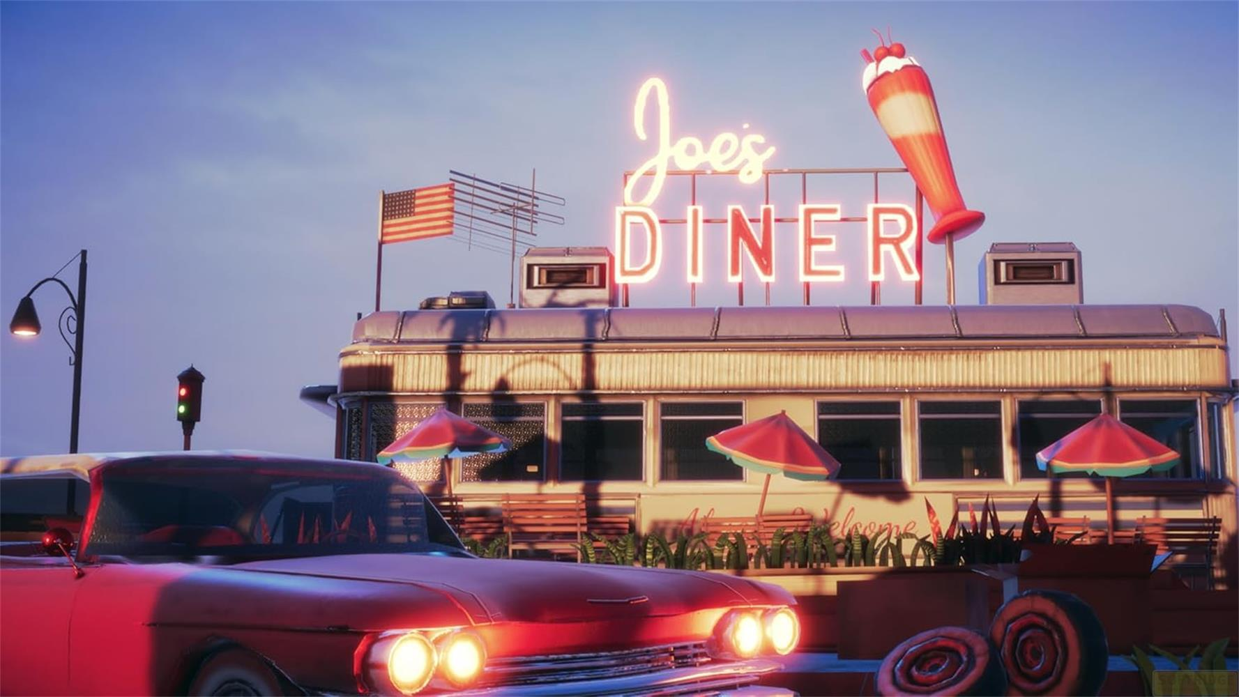 Ein rotes Auto steht vor Joe's Diner mit Leuchtreklame. Eine amerikanische Flagge weht.