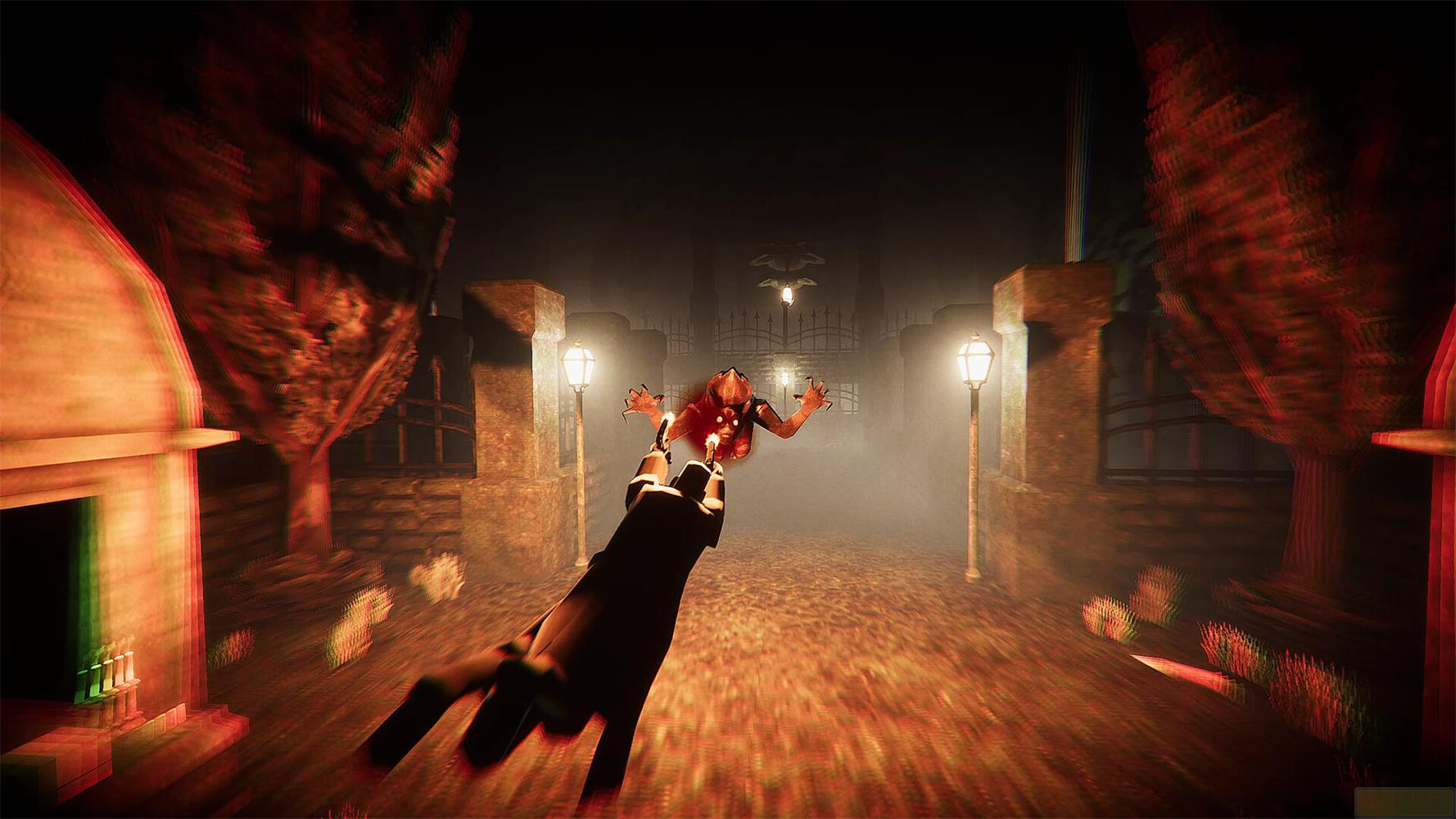 Ein Spieler zielt mit einer Waffe auf ein orangefarbenes Monster in einer dunklen Gasse.