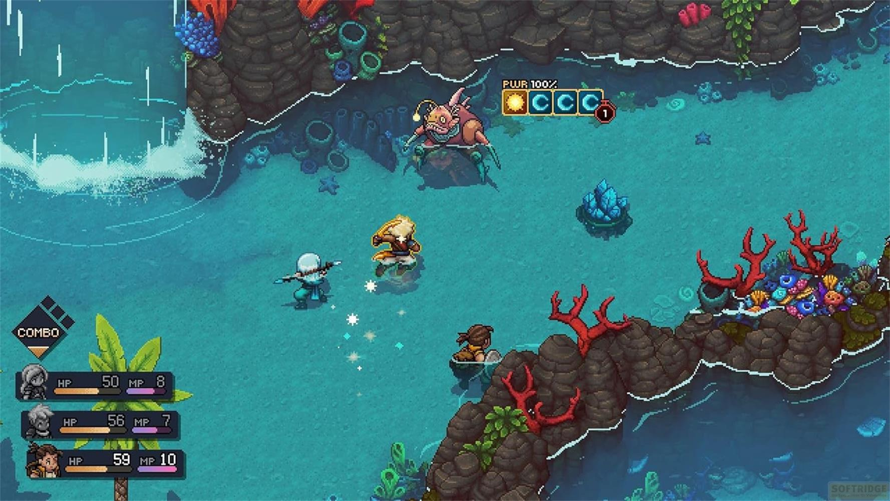 Jeu de combat pixelisé sous-marin avec des personnages, un monstre poisson et du corail.