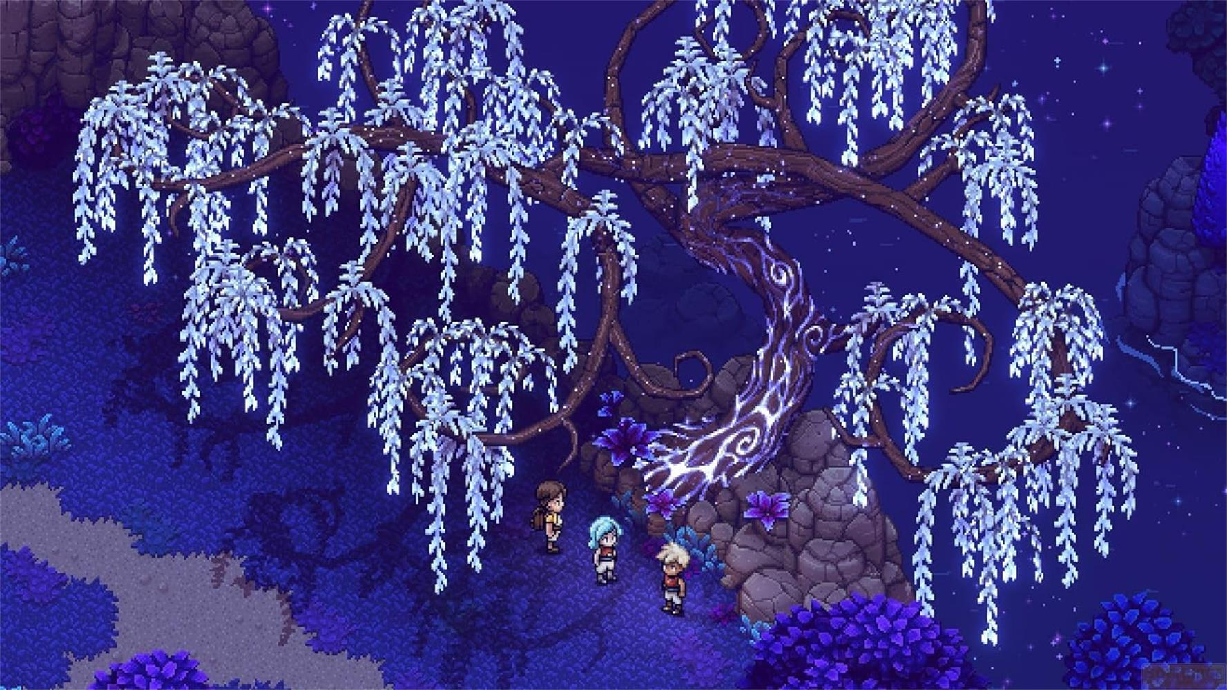 Trois personnages sous un arbre aux feuilles blanches dans un paysage nocturne violet.
