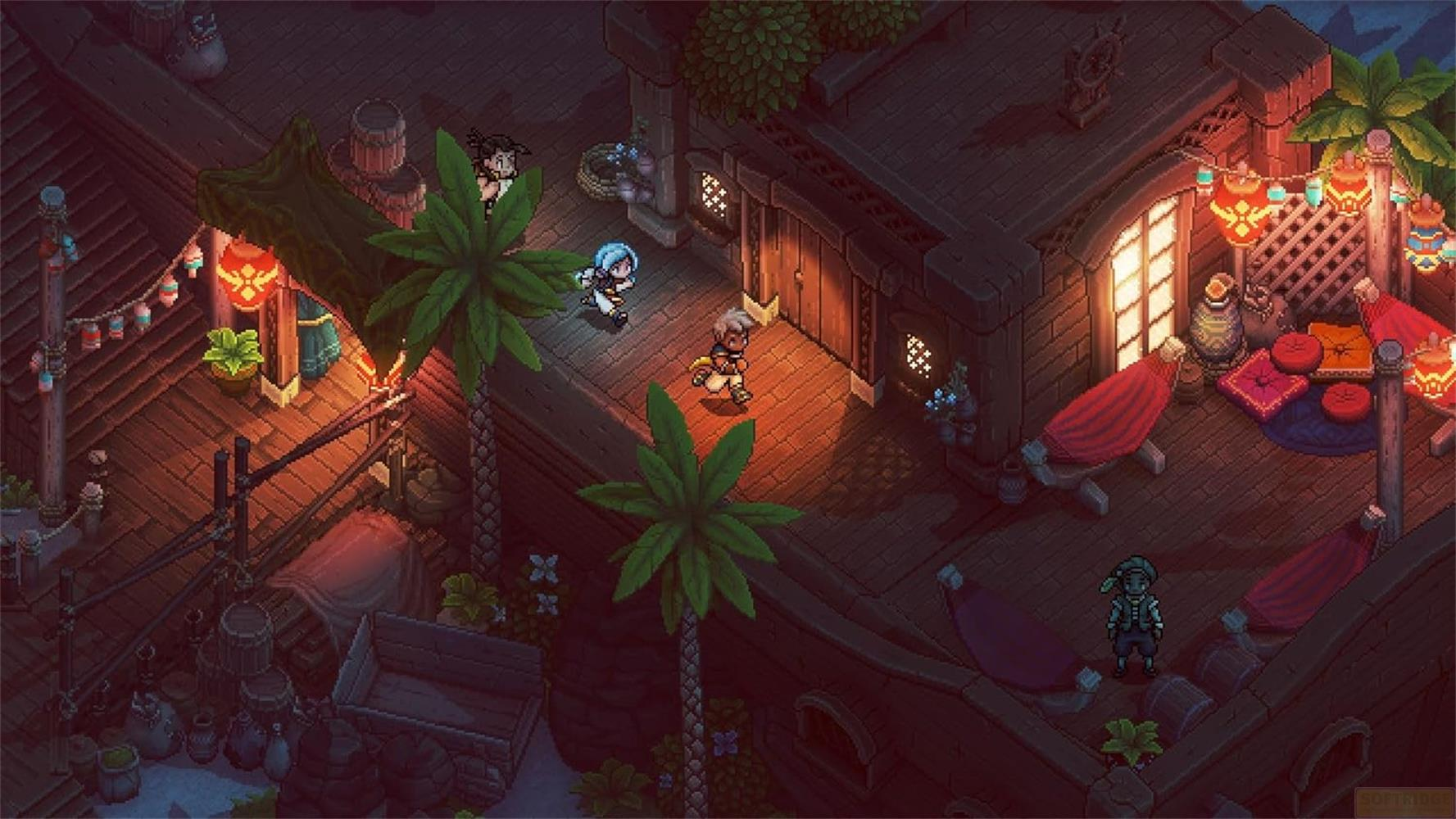 Scène pixelisée avec palmiers, lumières et personnages sur un pont en bois la nuit.