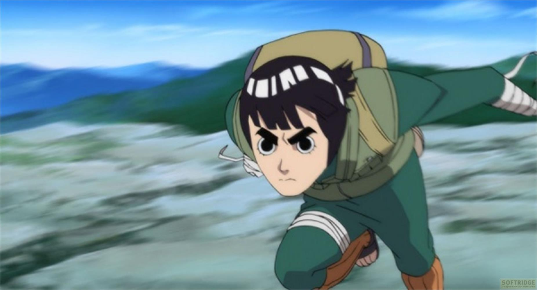 Rock Lee in verde corre attraverso un paesaggio con montagne e cielo blu.