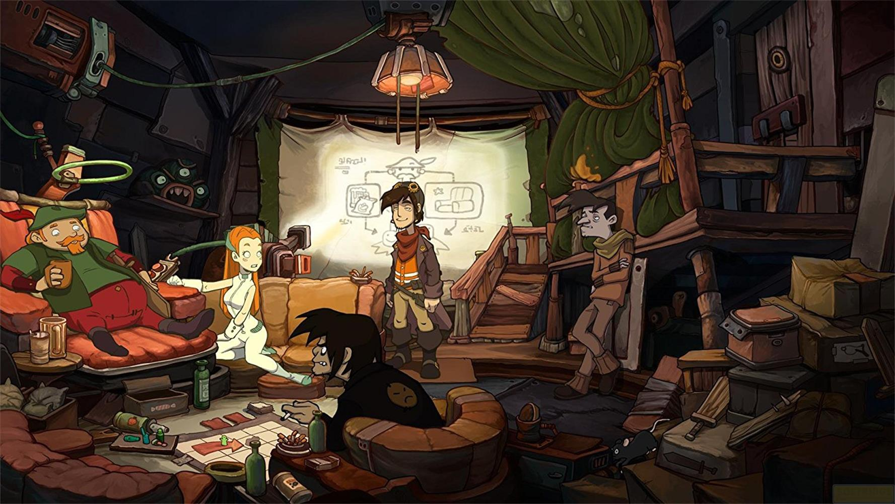 Un groupe de personnages dans une pièce encombrée avec un projecteur et des plans au mur.