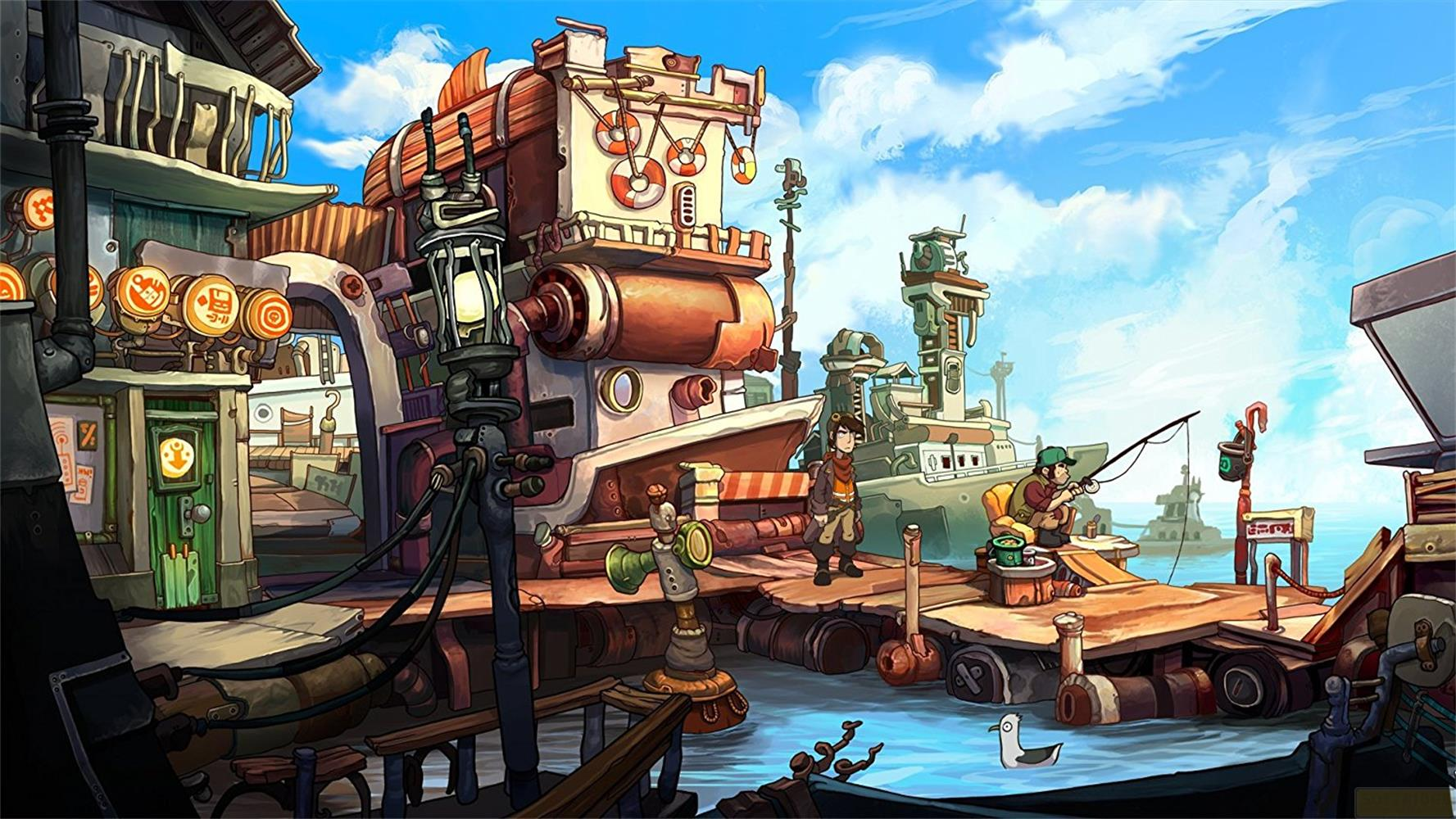Une ville portuaire avec des bâtiments fantaisistes, des personnages et un homme pêchant.