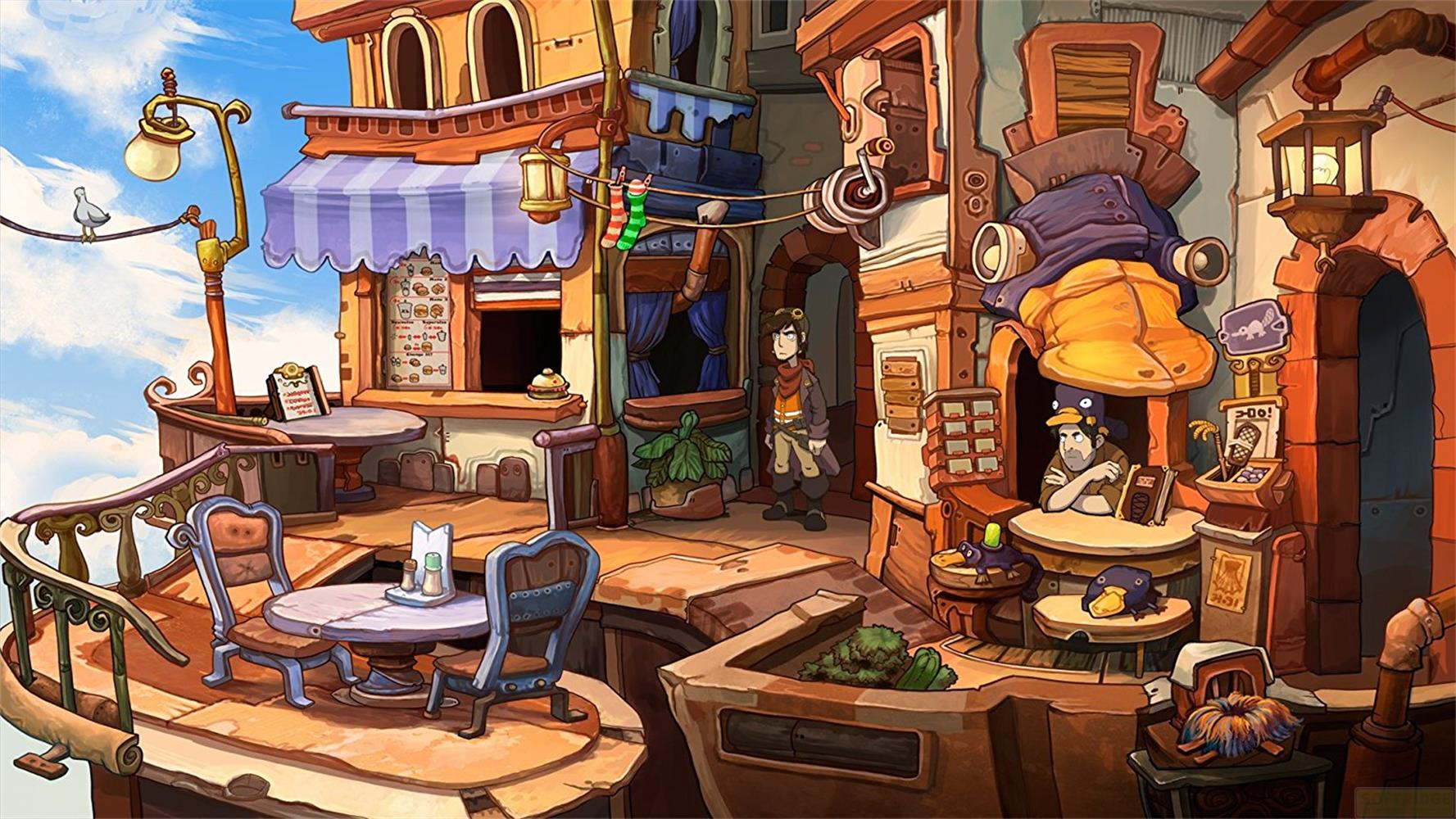 Une scène de ville stylisée avec des cafés en plein air et des personnages.