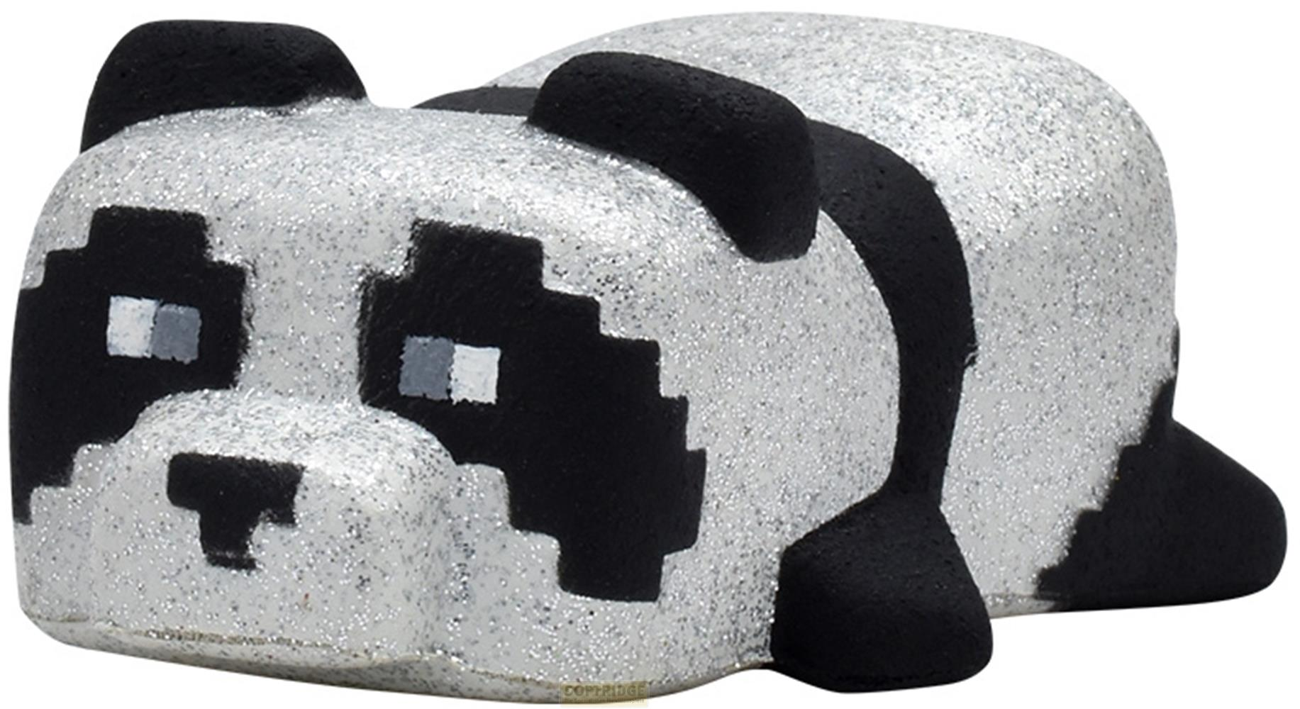 Ein glitzernder Panda mit Pixel-Gesicht liegt auf dem Bauch.