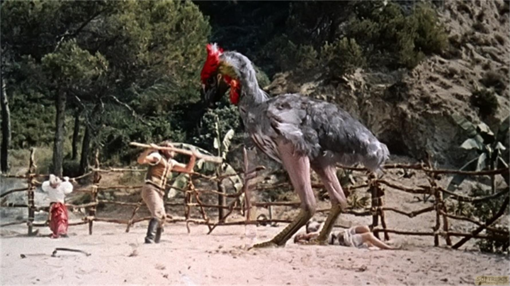 Un oiseau géant à crête rouge se tient au-dessus d'une personne. D'autres se battent.