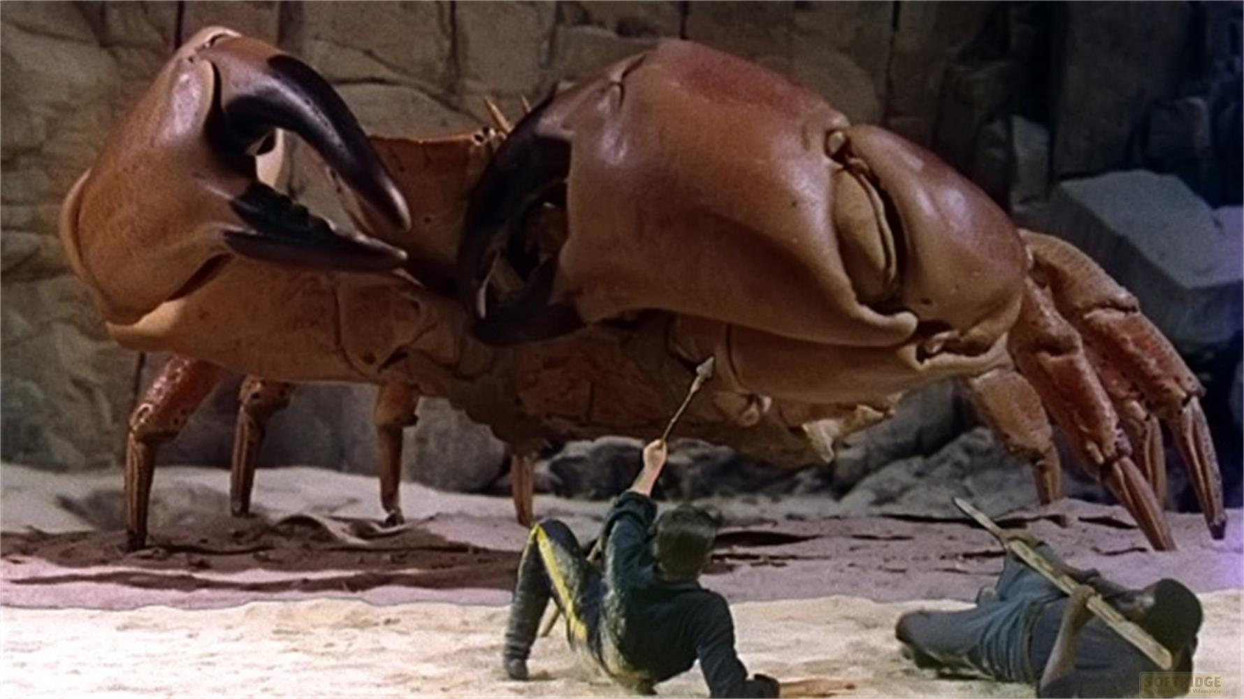 Un crabe brun géant menace deux hommes sur une plage de sable devant des rochers.