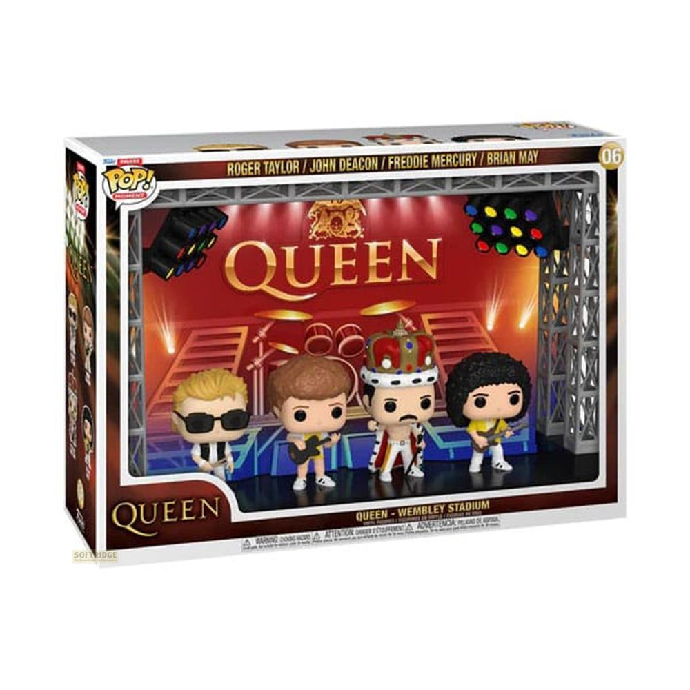 Pudełko Funko Pop! z czterema figurkami Queen na scenie ze światłami i logo zespołu.