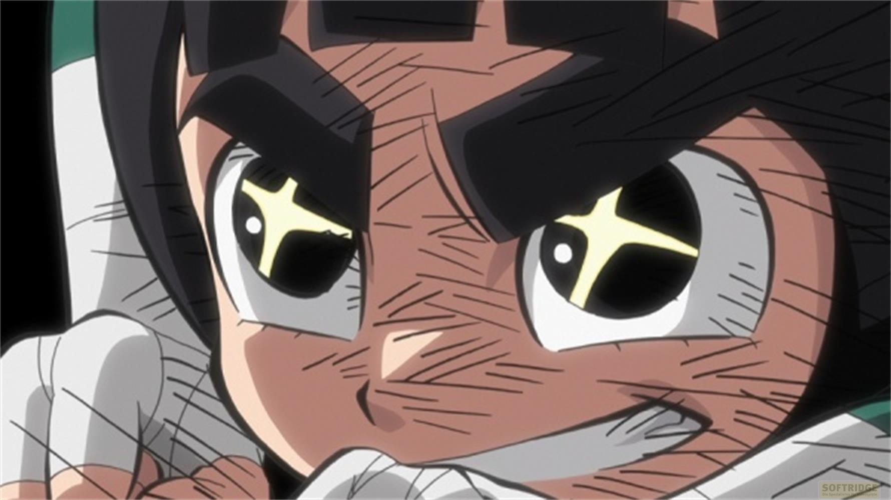 Primo piano di un personaggio anime con graffi sul viso e stelle gialle negli occhi.