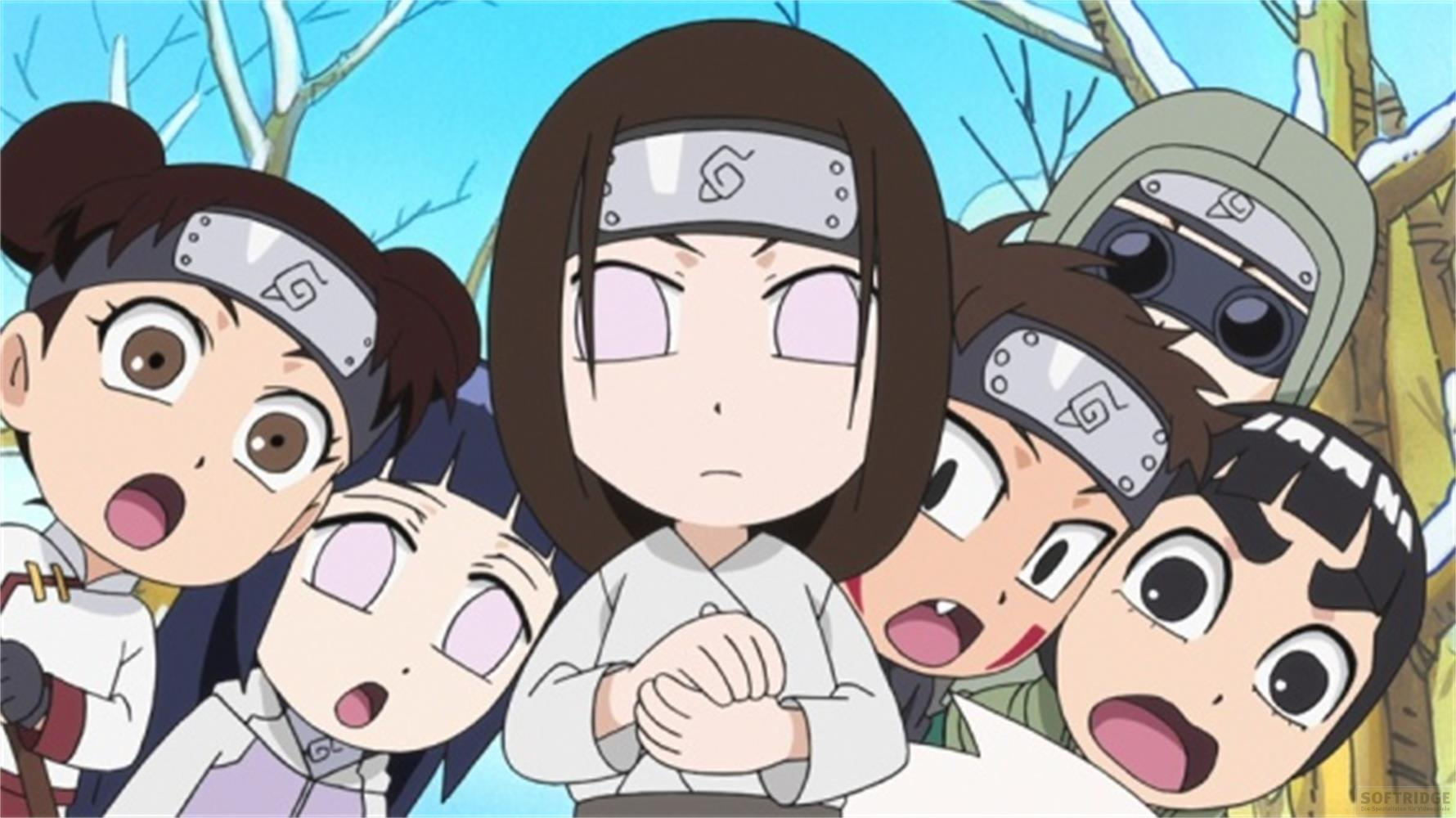 Personaggi chibi di Naruto con grandi occhi davanti ad alberi innevati, sorpresi.