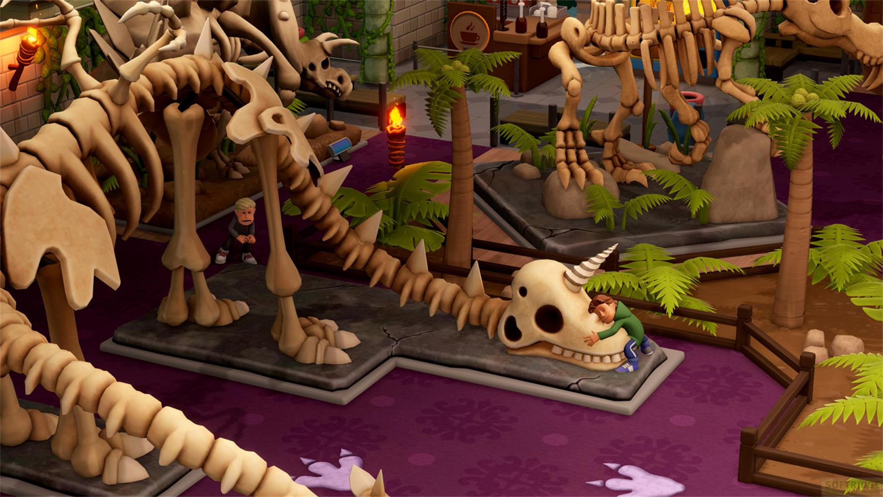Ein Junge umarmt ein Dinosaurierskelett-Schädel neben Palmen. Im Hintergrund sind weitere Knochen und ein Café.