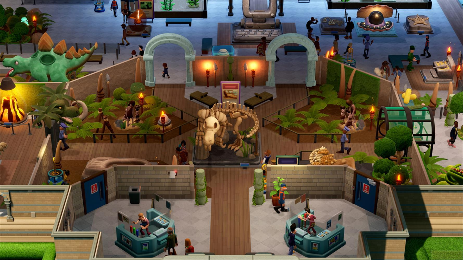 Museum mit Dinosaurierskelett, Statuen und Besuchern.