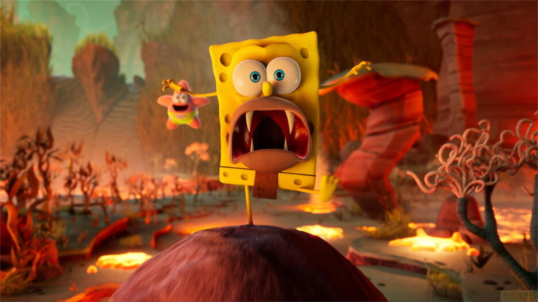 Spongebob und Patrick in einer fremden, orangefarbenen Landschaft mit seltsamen Pflanzen.