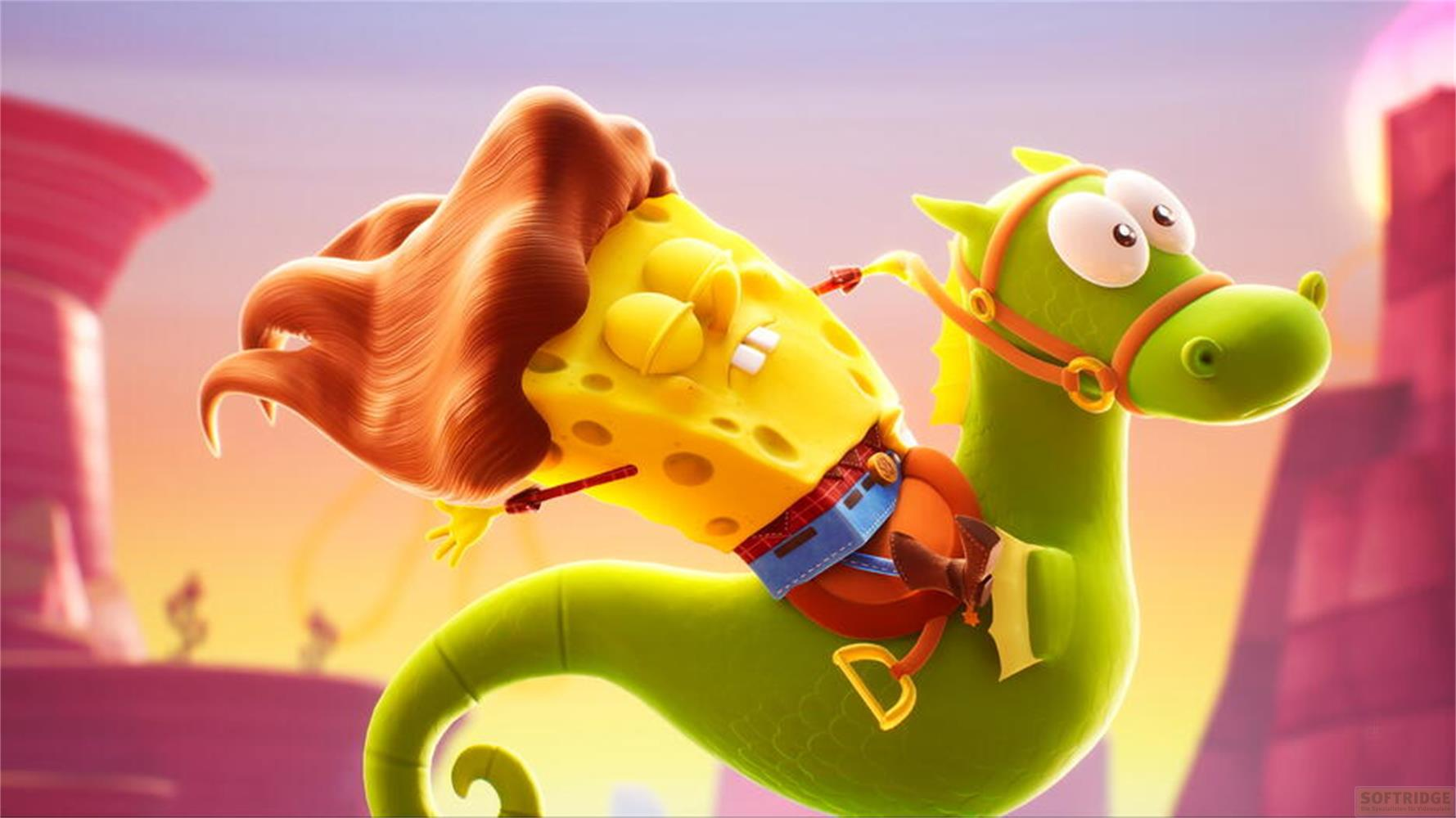 SpongeBob mit Pferdeschwanz reitet auf einem grünen Drachen.