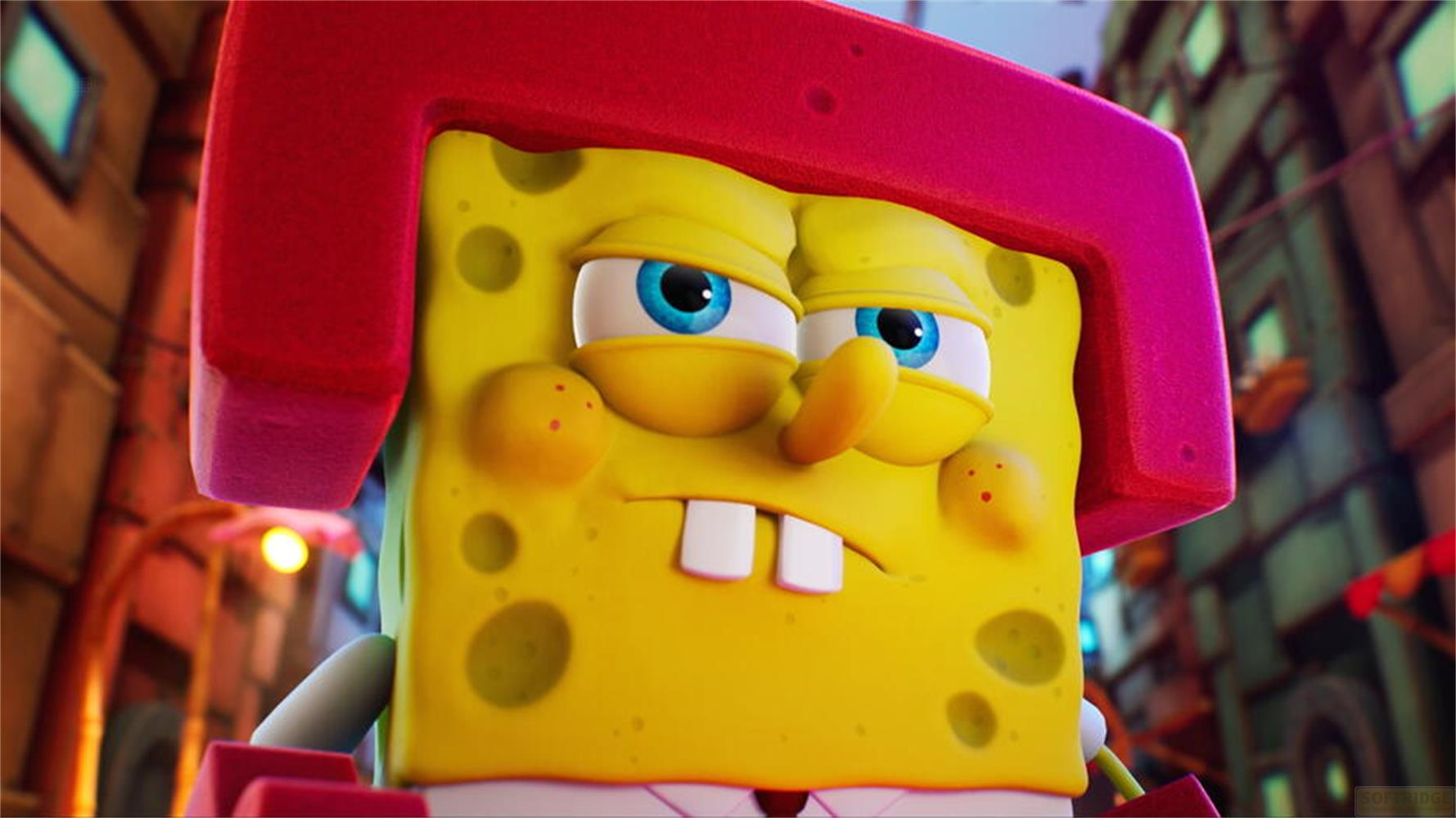 Spongebob mit rotem Kopftuch und blauen Augen, städtischer Hintergrund.