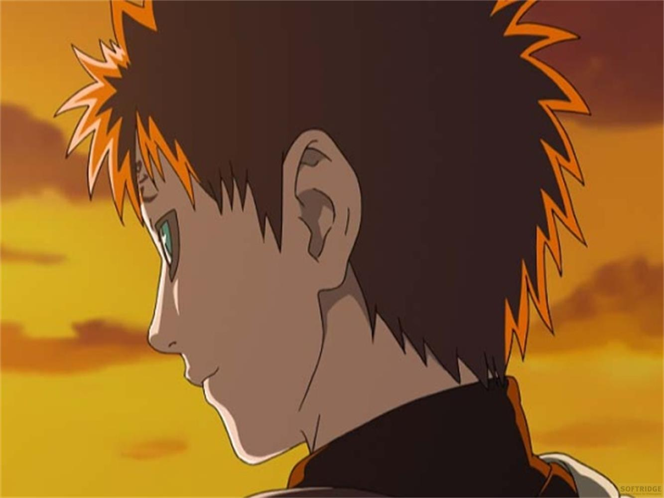 Un personnage d'anime aux cheveux bruns et pointes oranges regarde à gauche, avec un coucher de soleil en arrière-plan.