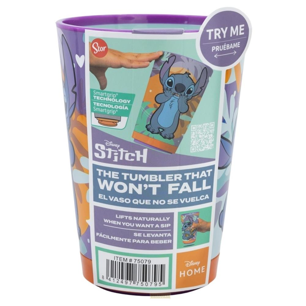 Bicchiere viola Stitch con stampa. "The Tumbler That Won't Fall".