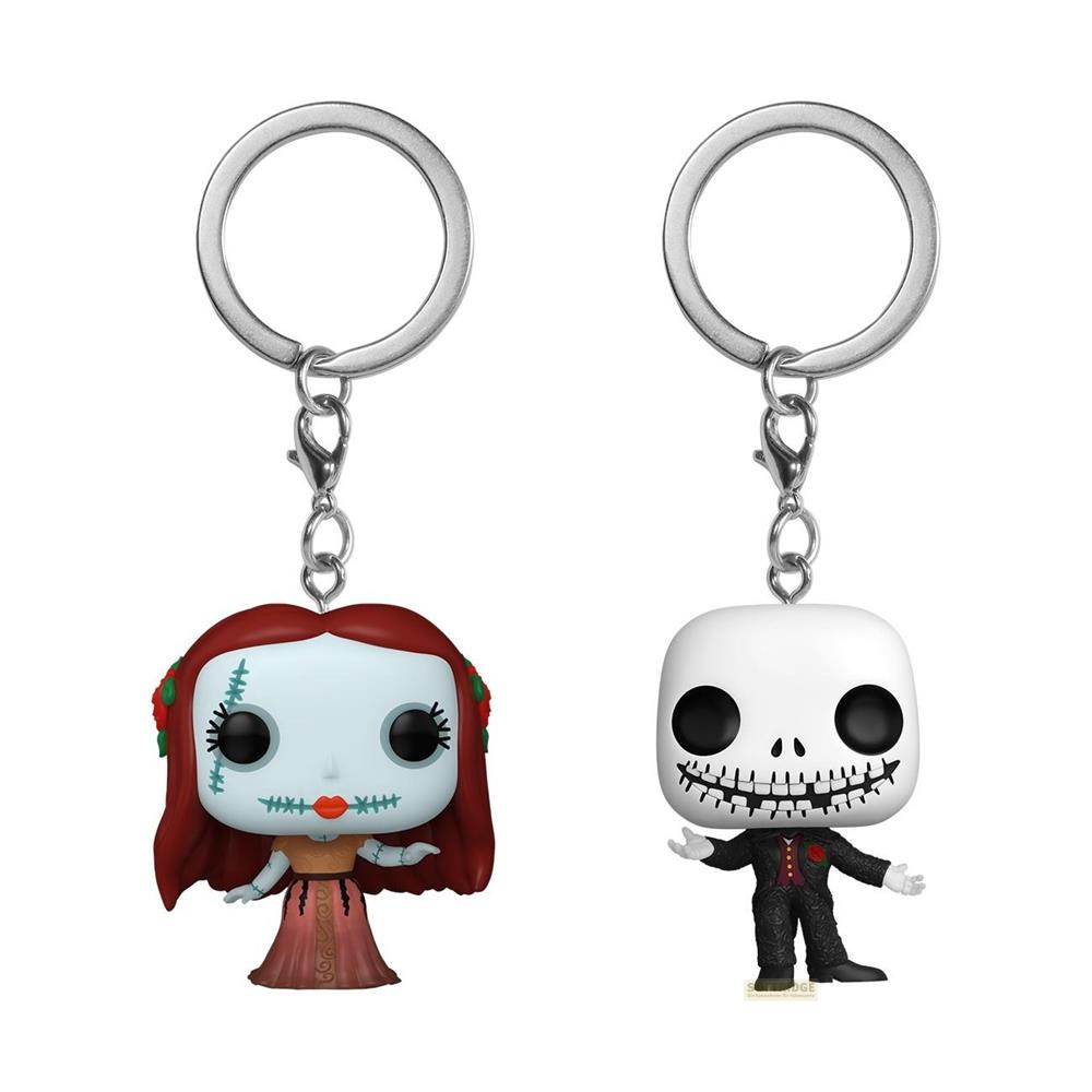 Deux porte-clés représentant Sally et Jack Skellington.