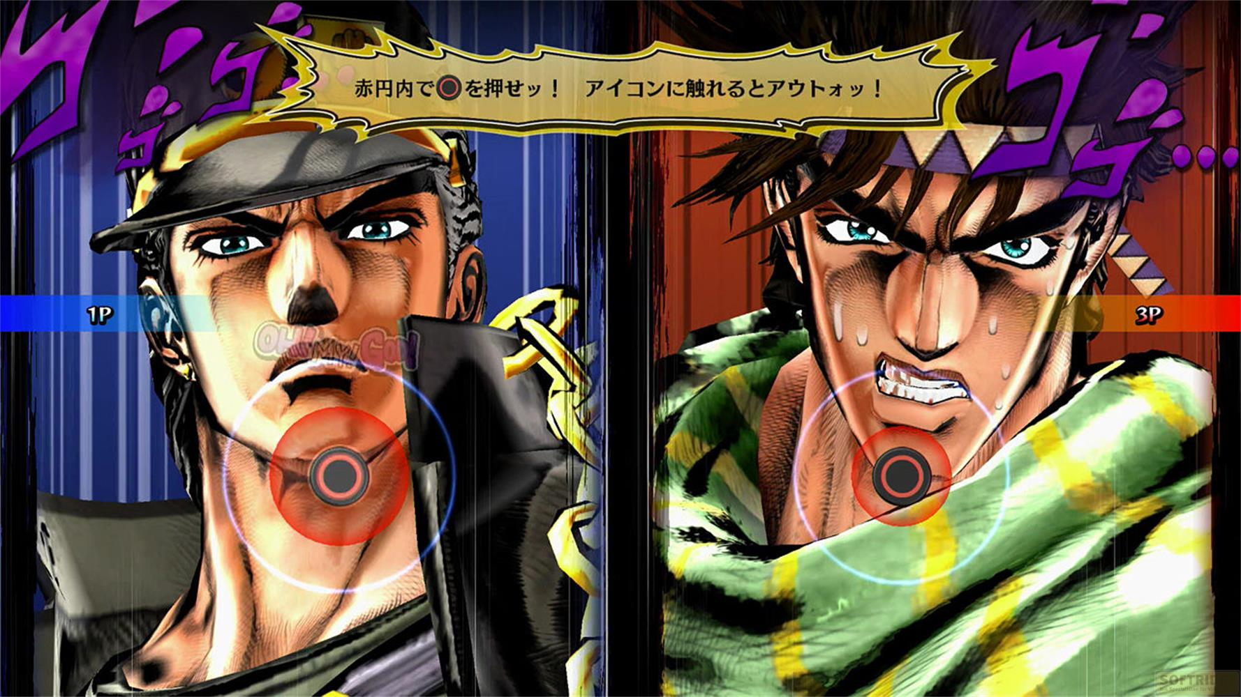 Deux personnages d'anime, 1P à gauche avec chapeau, 3P à droite avec bandeau, tous deux tendus.