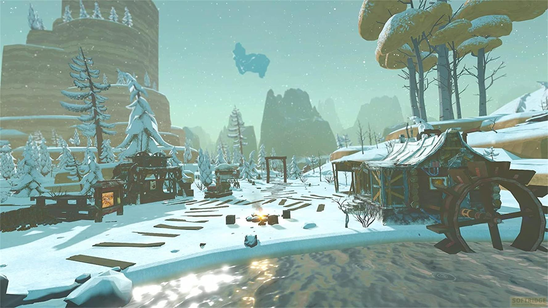 Winterlandschaft mit einem Haus und Wasserrad, verschneiten Bäumen und Bergen.