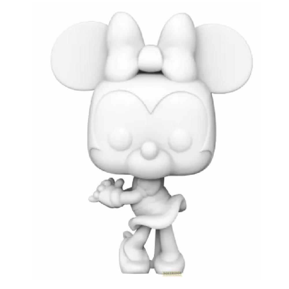 Una figura bianca di Minnie Mouse con fiocco e vestito in piedi.