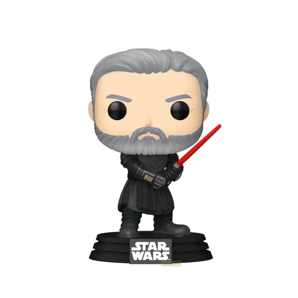 Statua Funko Pop di un uomo con capelli e barba grigi, che tiene una spada laser rossa.