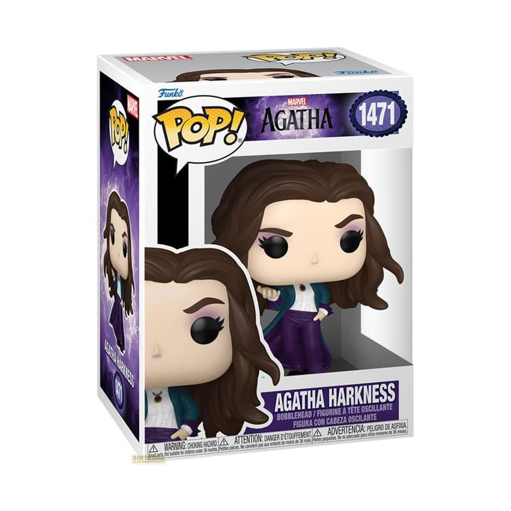Figurka Funko Pop Agatha Harkness w opakowaniu z fioletowymi akcentami.