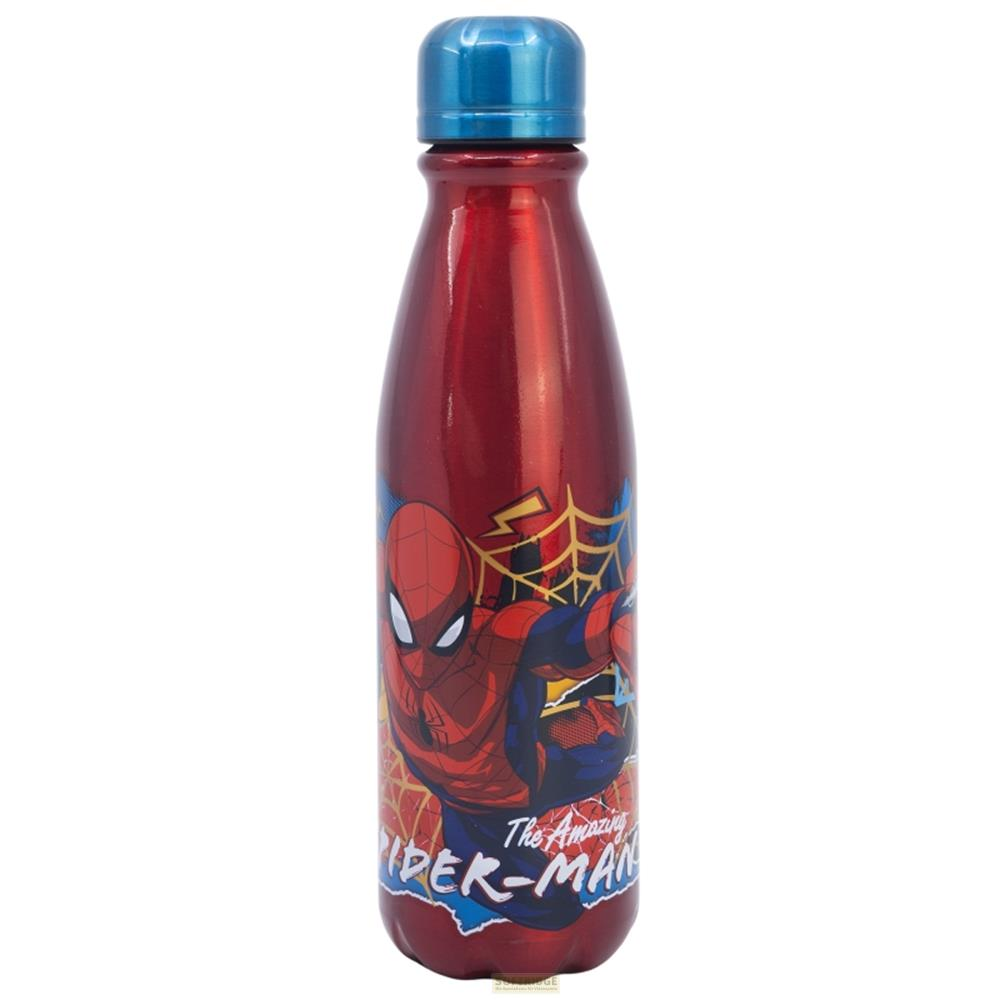 Rote Spiderman-Wasserflasche mit blauem Deckel.