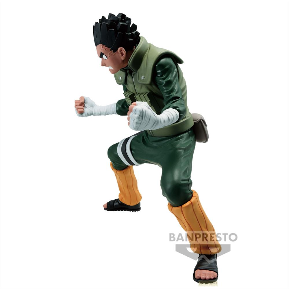 Una figura de acción de Rock Lee en pose de lucha, con atuendo verde y botas naranjas.