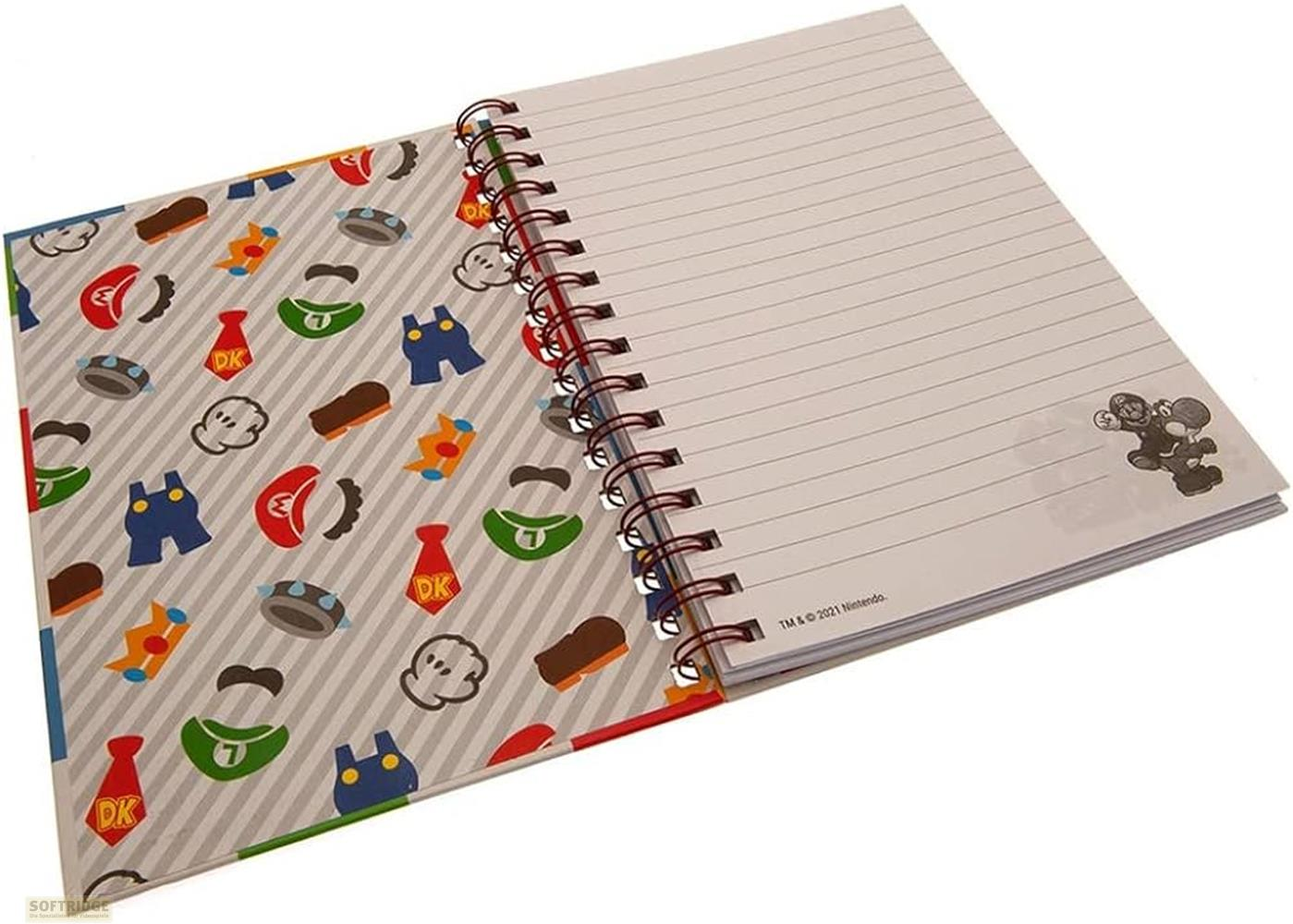 Notizbuch mit Mario-Motiven, aufgeschlagen. Linke Seite mit DK-Motiven, rechte Seite liniert.