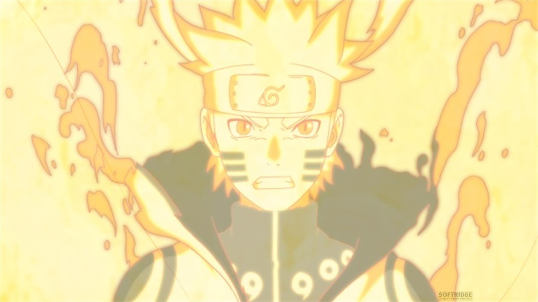 Naruto Uzumaki dans sa forme Kurama, entouré d'énergie jaune et de flammes oranges.
