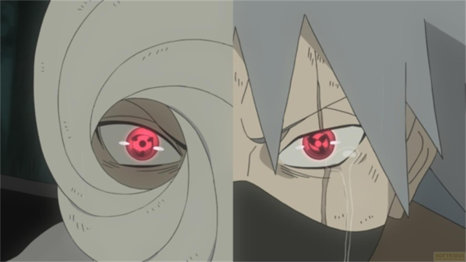 Deux yeux, l'un masqué, tous deux aux yeux Sharingan rouges.