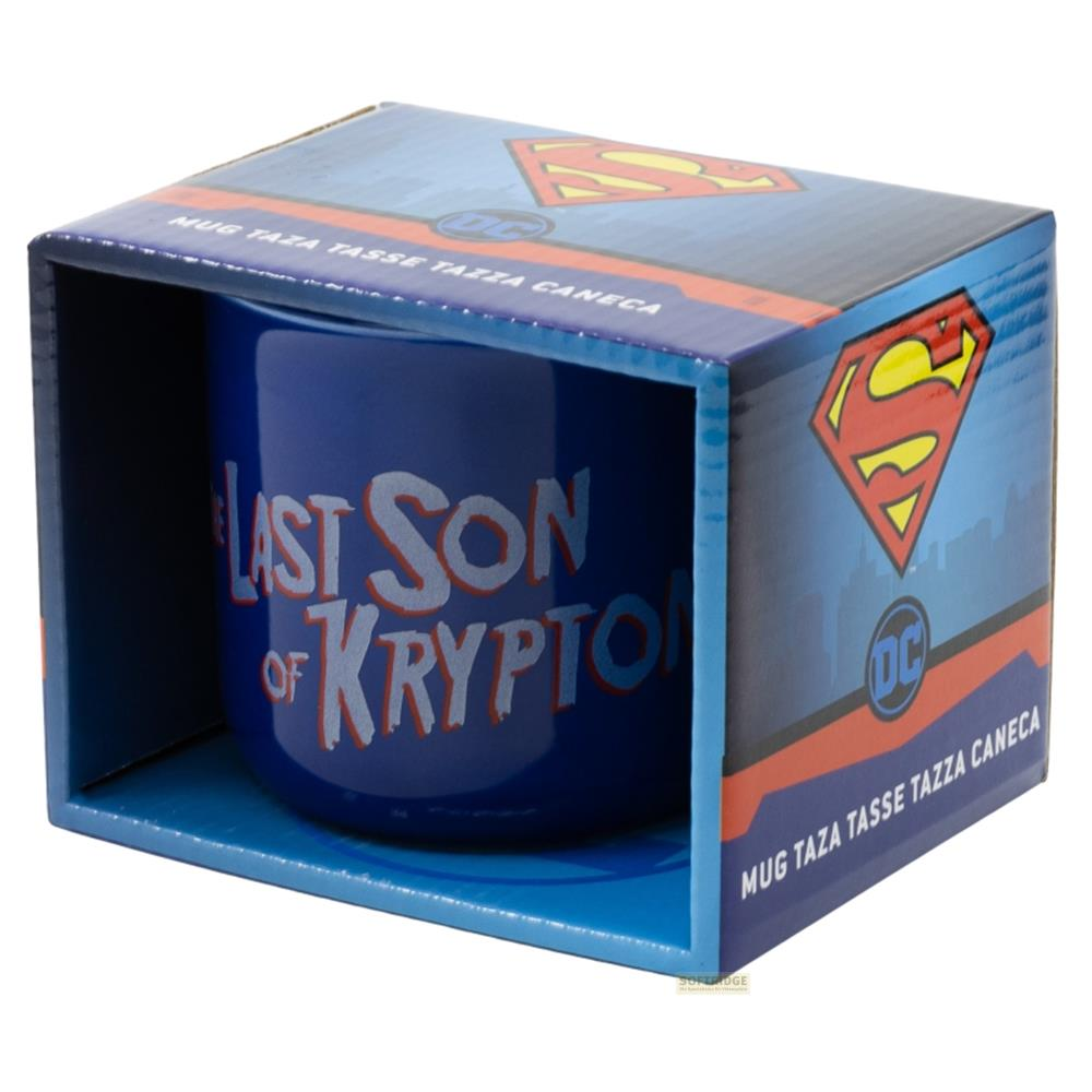Taza azul de Superman con 'Last Son of Krypton' dentro de su caja.
