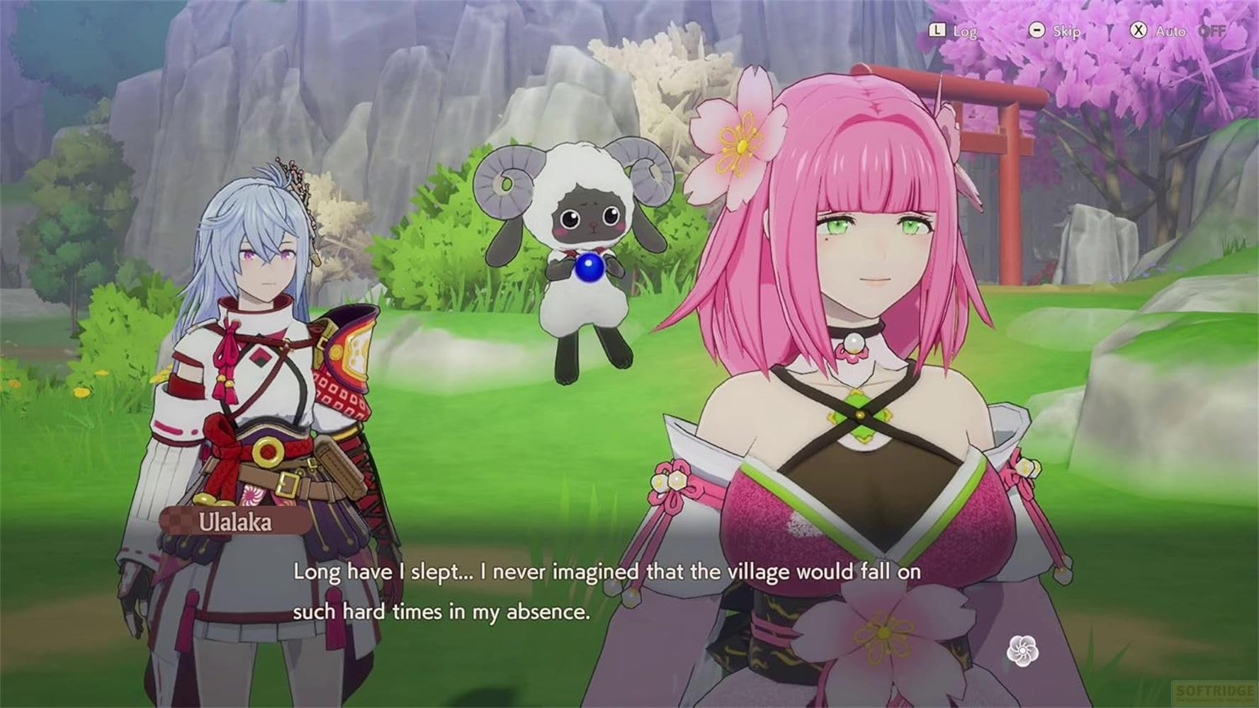 Due personaggi anime, una con i capelli rosa, stanno all'aperto. Una creatura pecora fluttua.