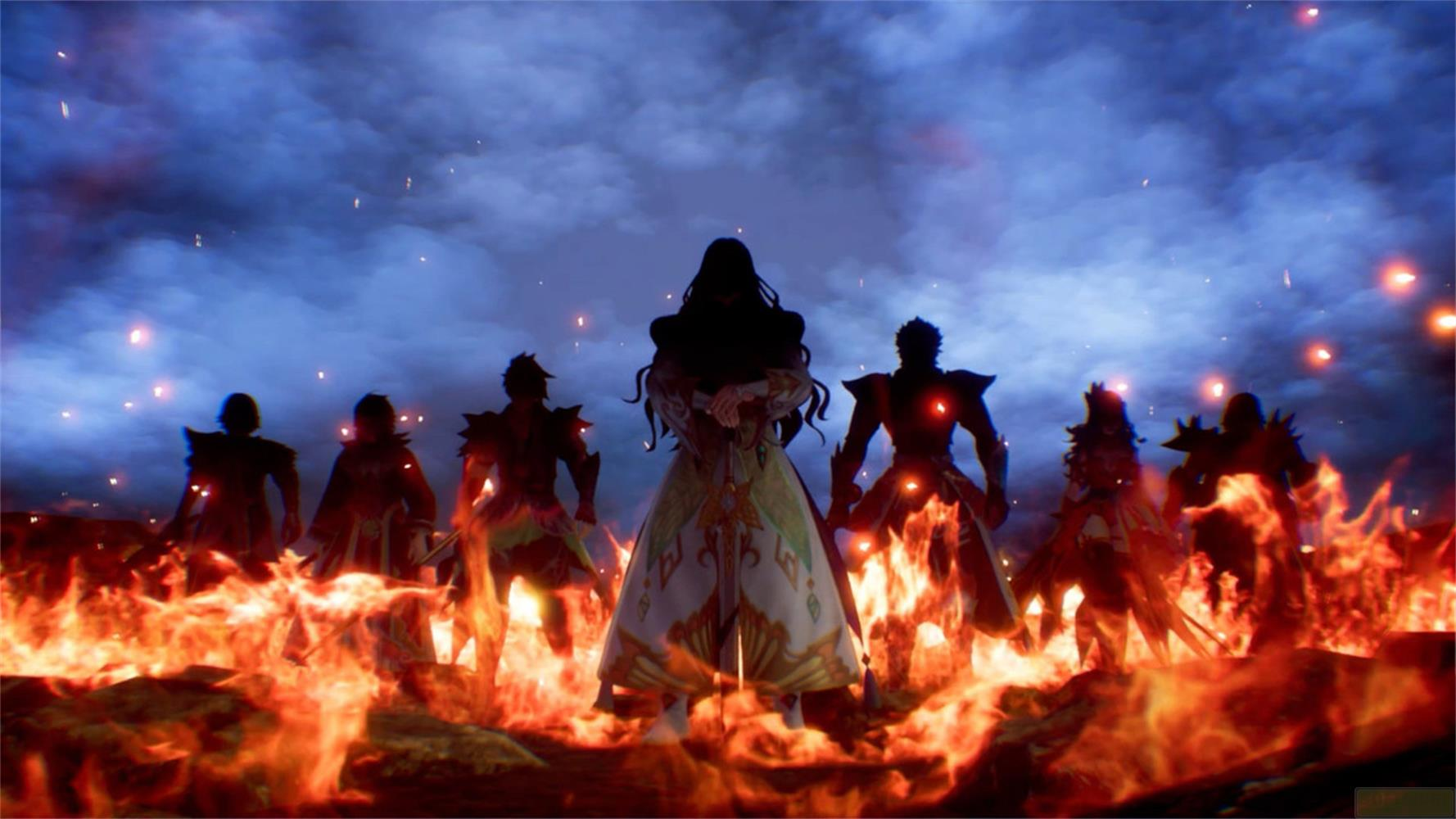 Figuren stehen im Feuer vor einem dramatischen Himmel.