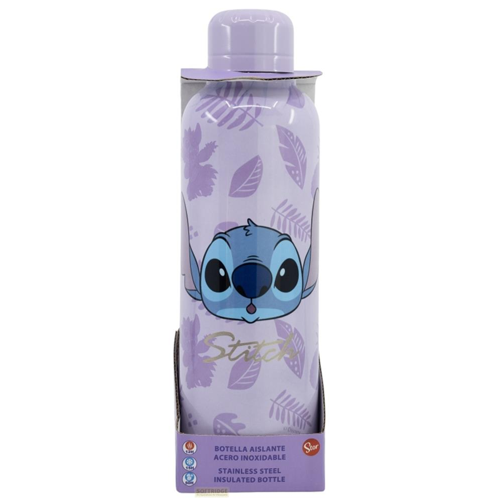 Lila Trinkflasche mit Stitch-Motiv und Blättern, im Karton.