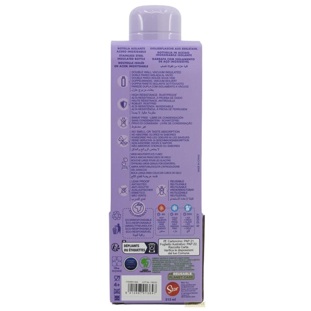 Eine lila Isolierflasche aus Edelstahl mit Produktinformationen und Icons.