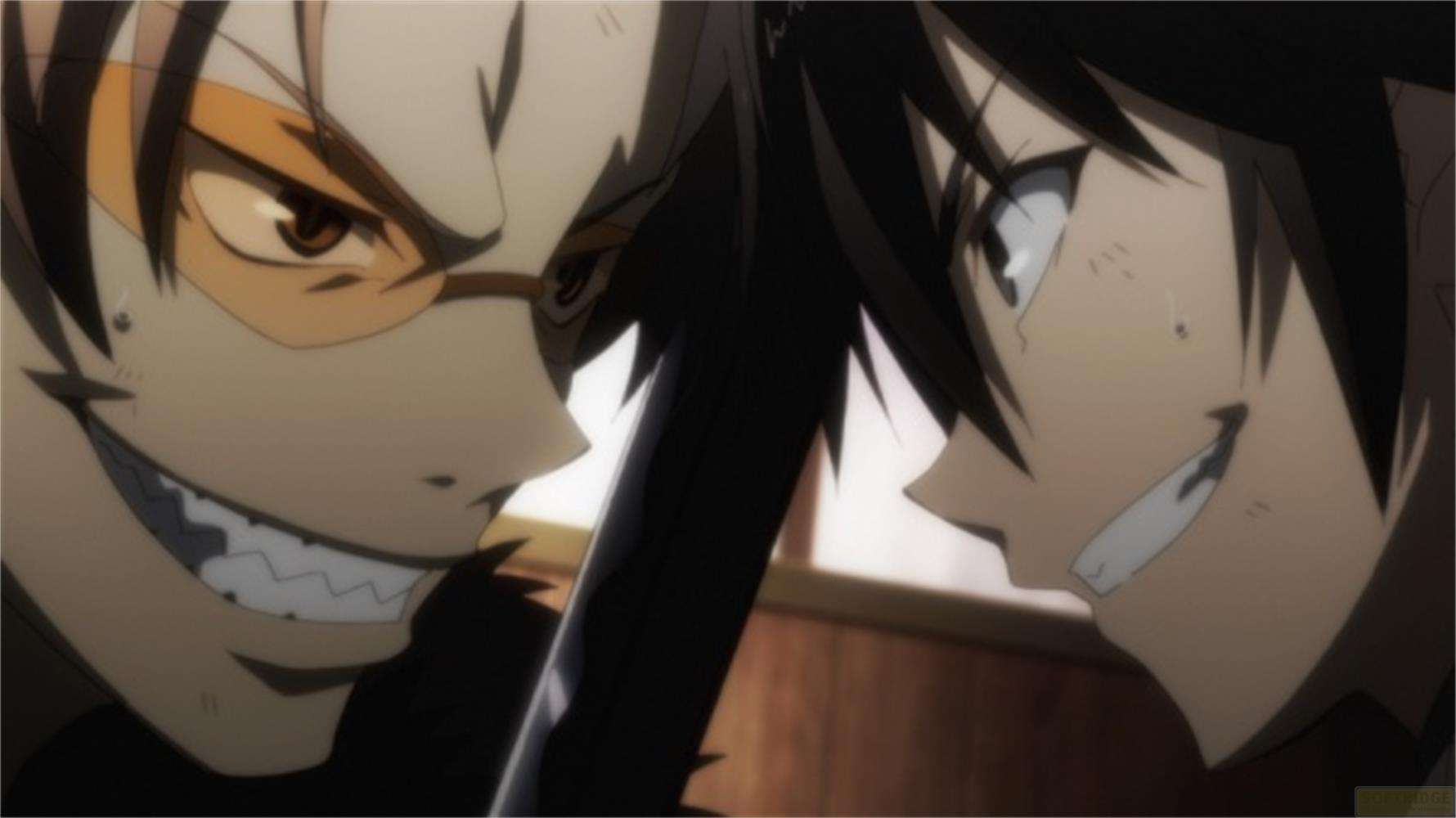 Due personaggi anime con espressioni cupe che si guardano.