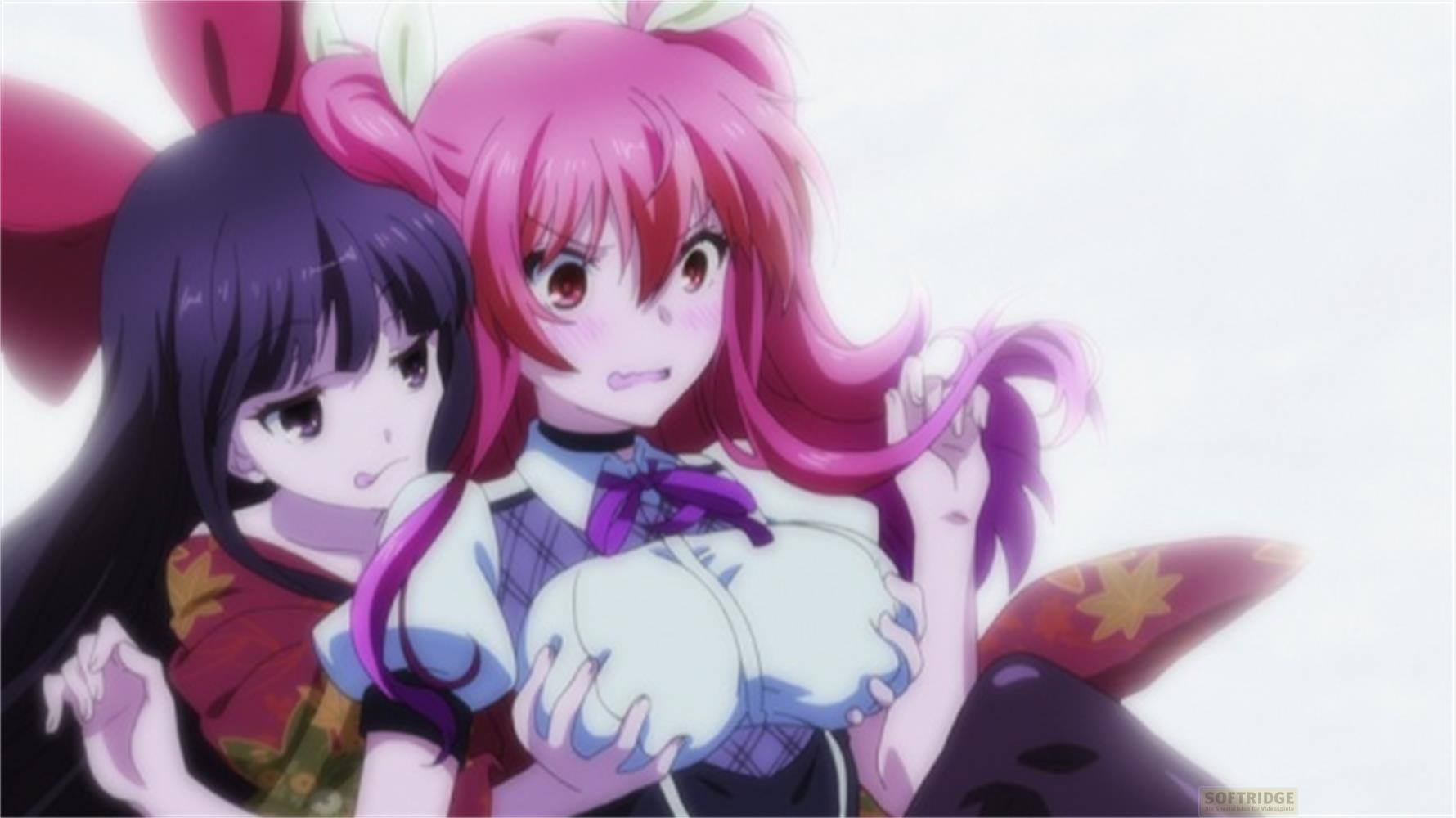 Due ragazze anime, una con capelli viola e una con capelli rosa, si abbracciano.